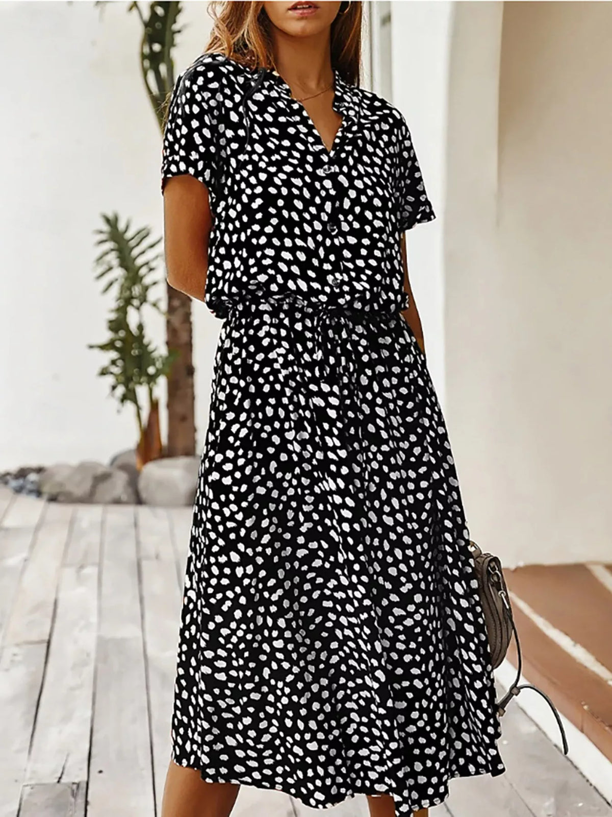 Polka dot button front midi dress styled view