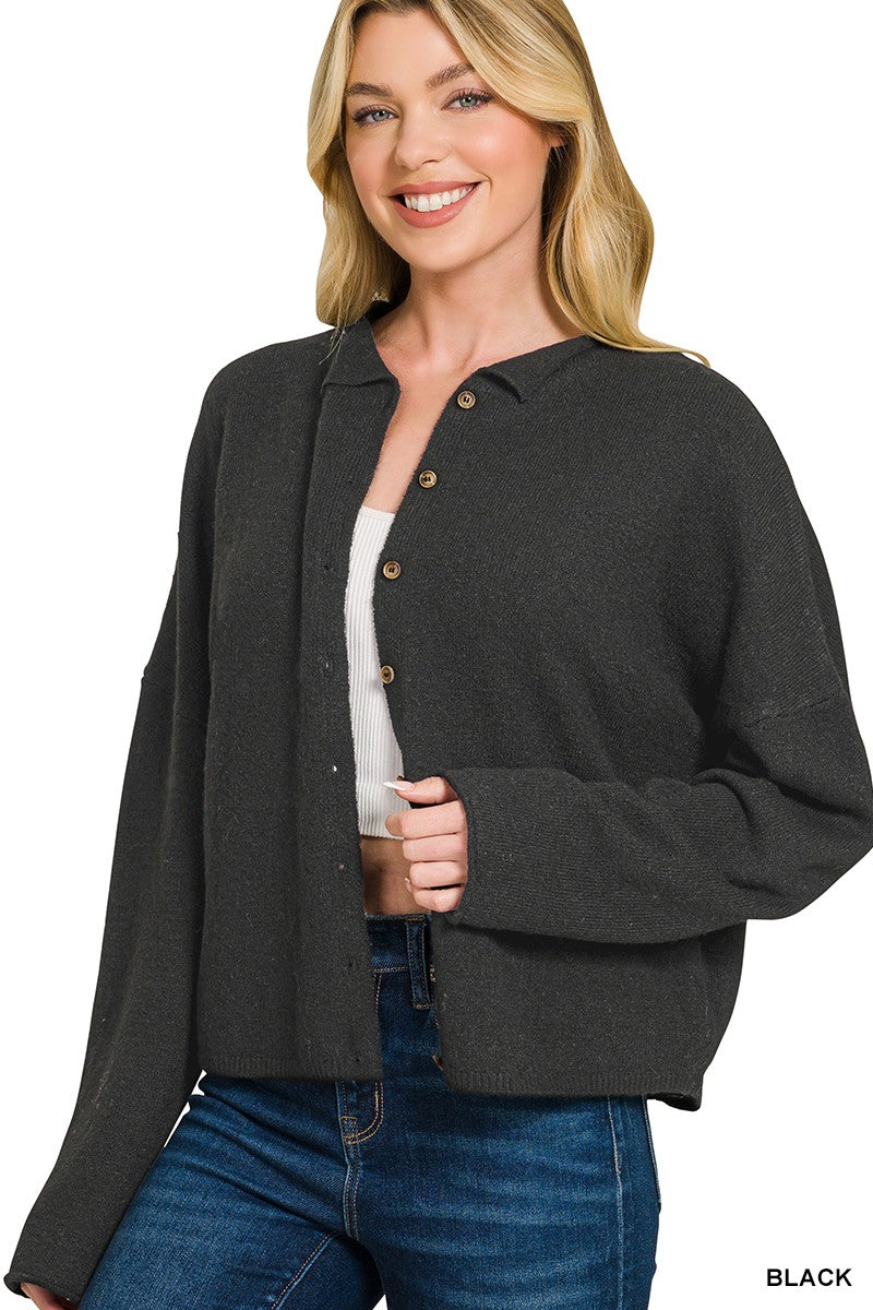 Collar and button detail on black knit cardigan