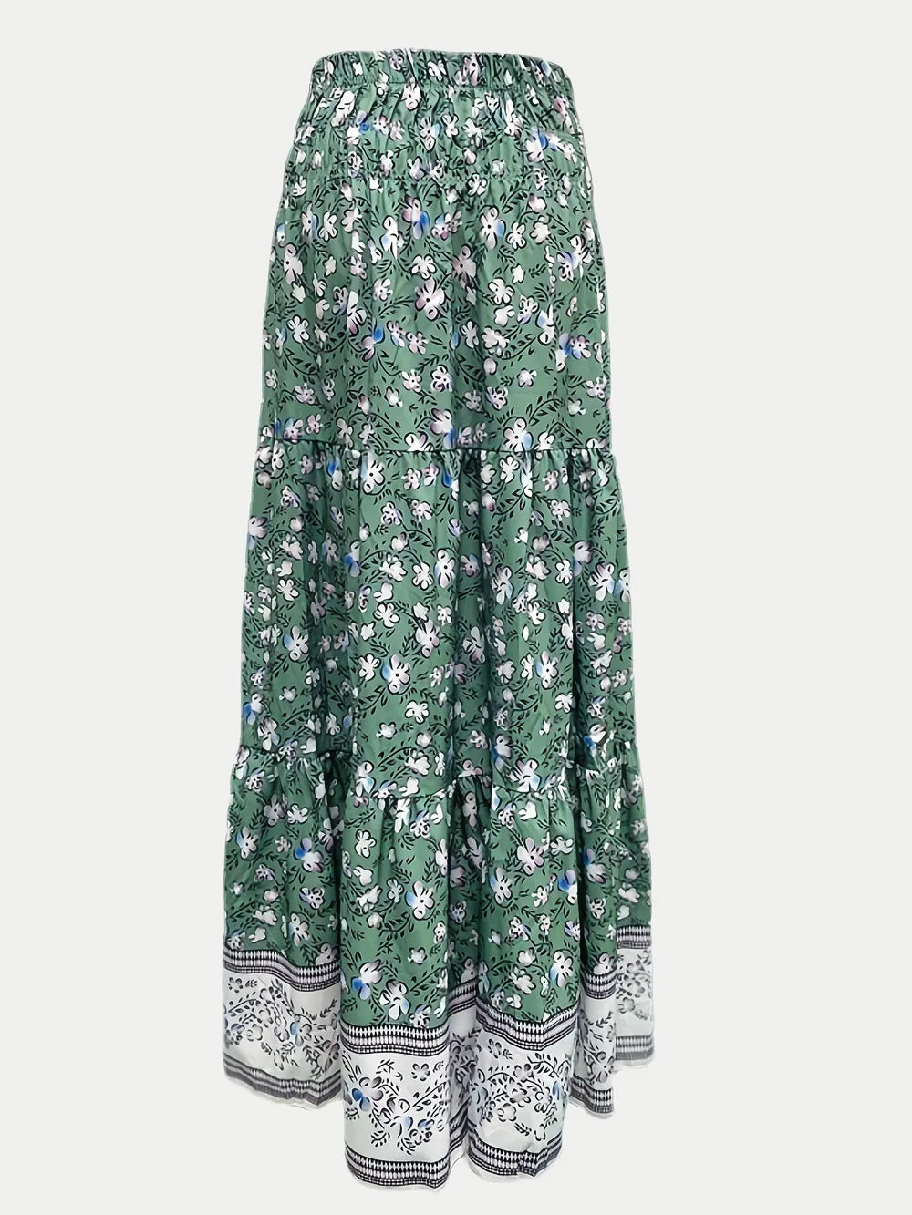 Close up of printed fabric on maxi skirt