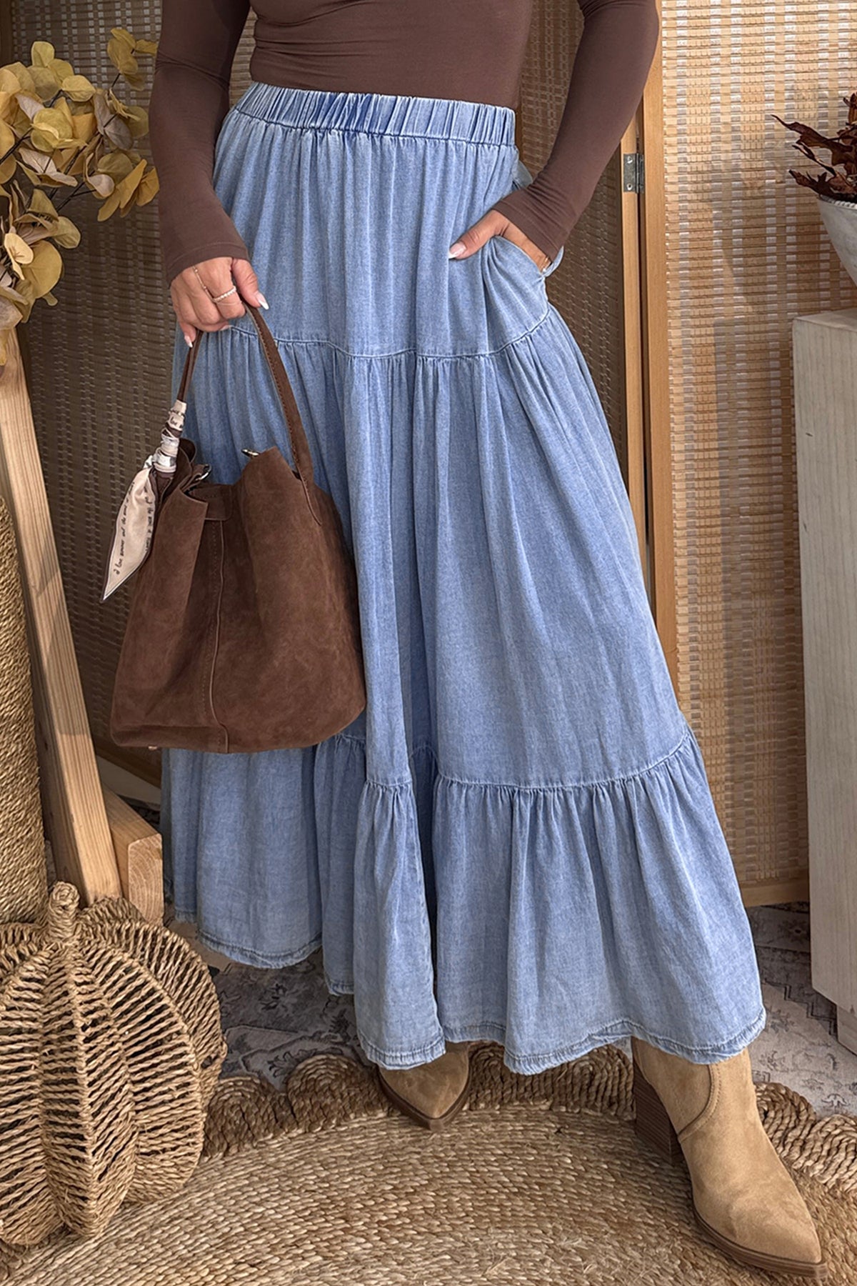 Flowy denim maxi skirt full length drape