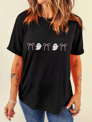 Halloween Ghost Bow Graphic Short Sleeve T-Shirt Black - Fashorio
