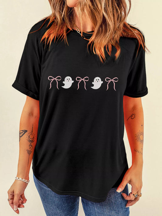 Halloween Ghost Bow Graphic Short Sleeve T-Shirt Black - Fashorio