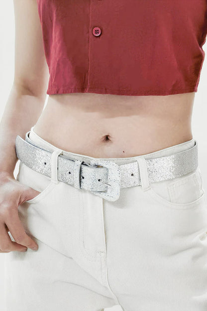 Glitter PU Leather Belt Silver One Size - Fashorio