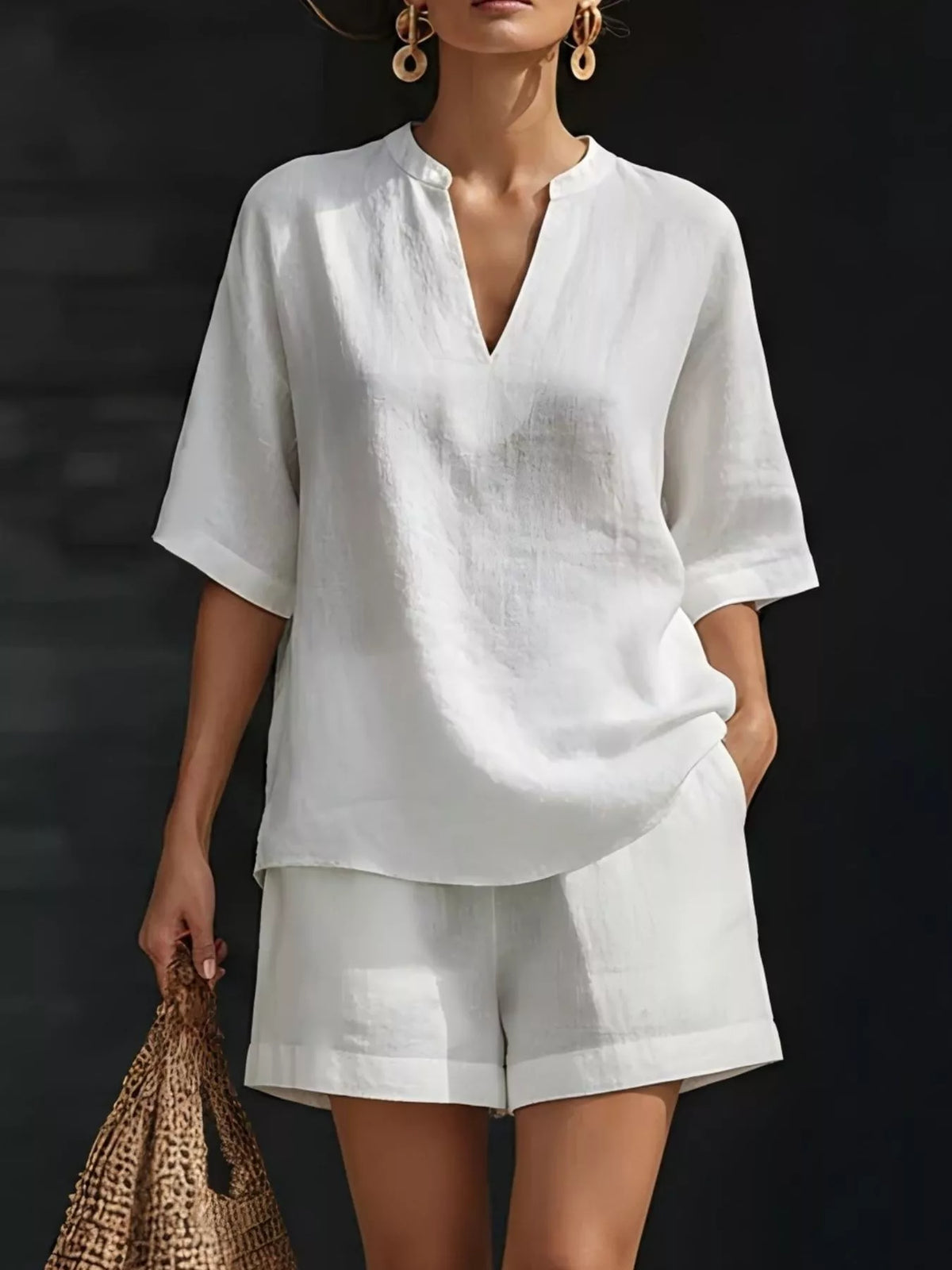 Notched half sleeve top and shorts matching set