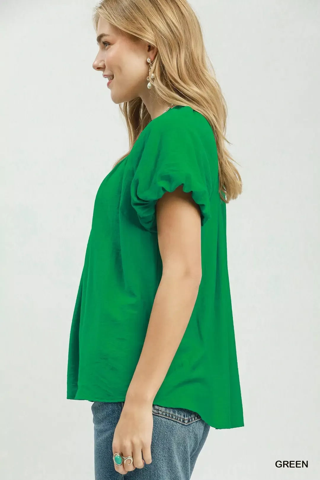 green gathered V neck top back view