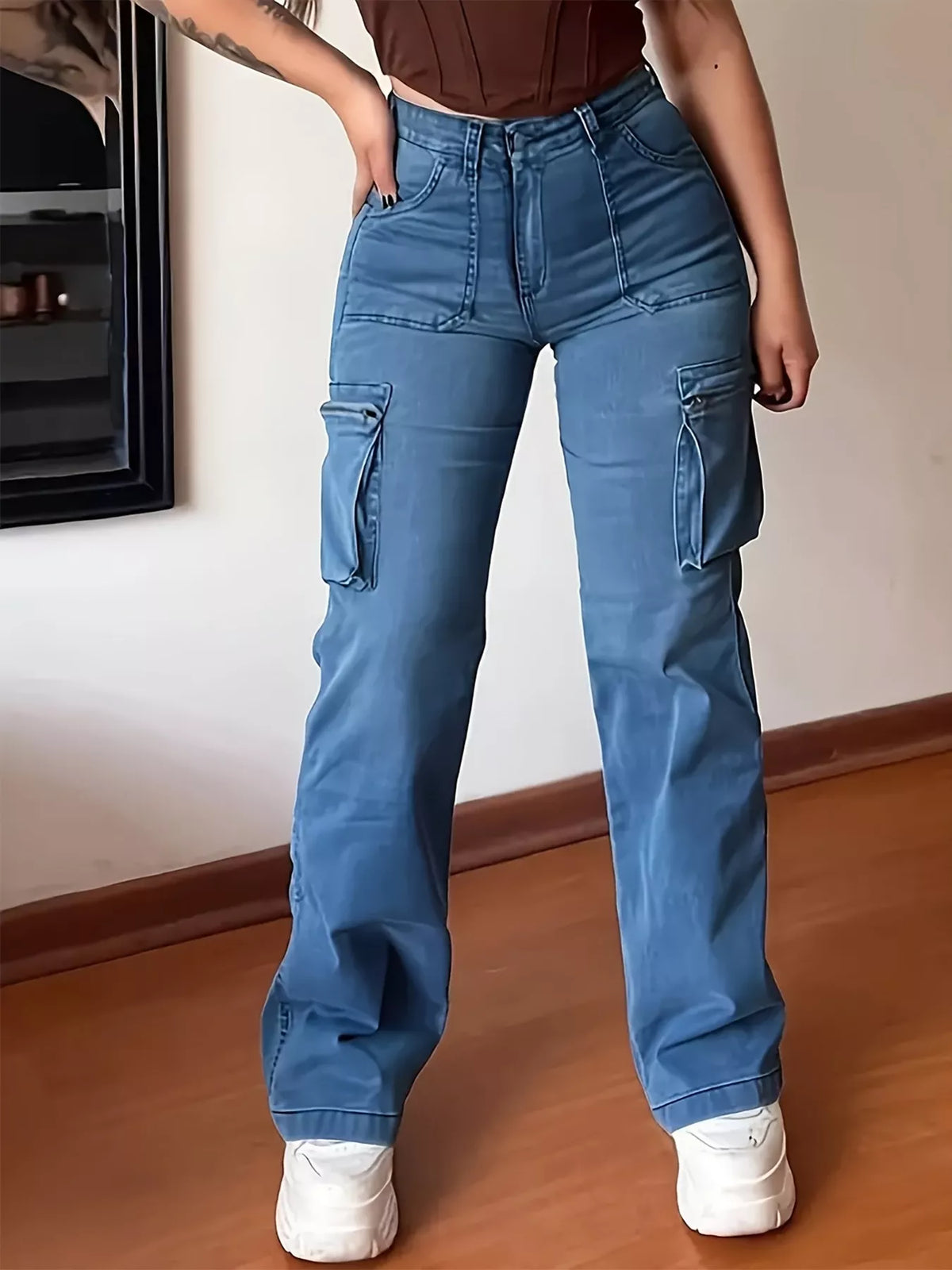 Sky blue cargo jeans pocket detail