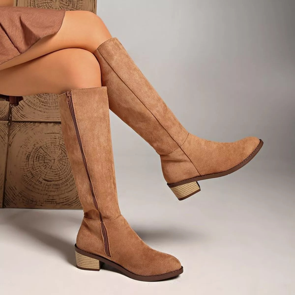 Knee high block heel suede boots front view