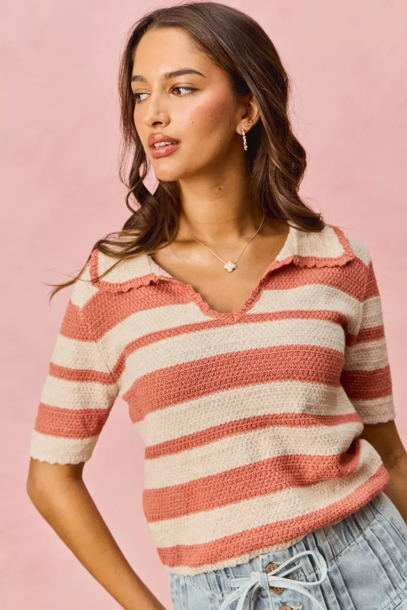 Striped Short Sleeve Cropped Sweater in Cream and Pink view 8