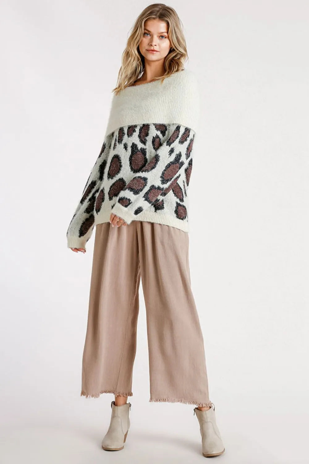 Leopard Off Shoulder Long Sleeve Sweater Plus Size in Cream side view
