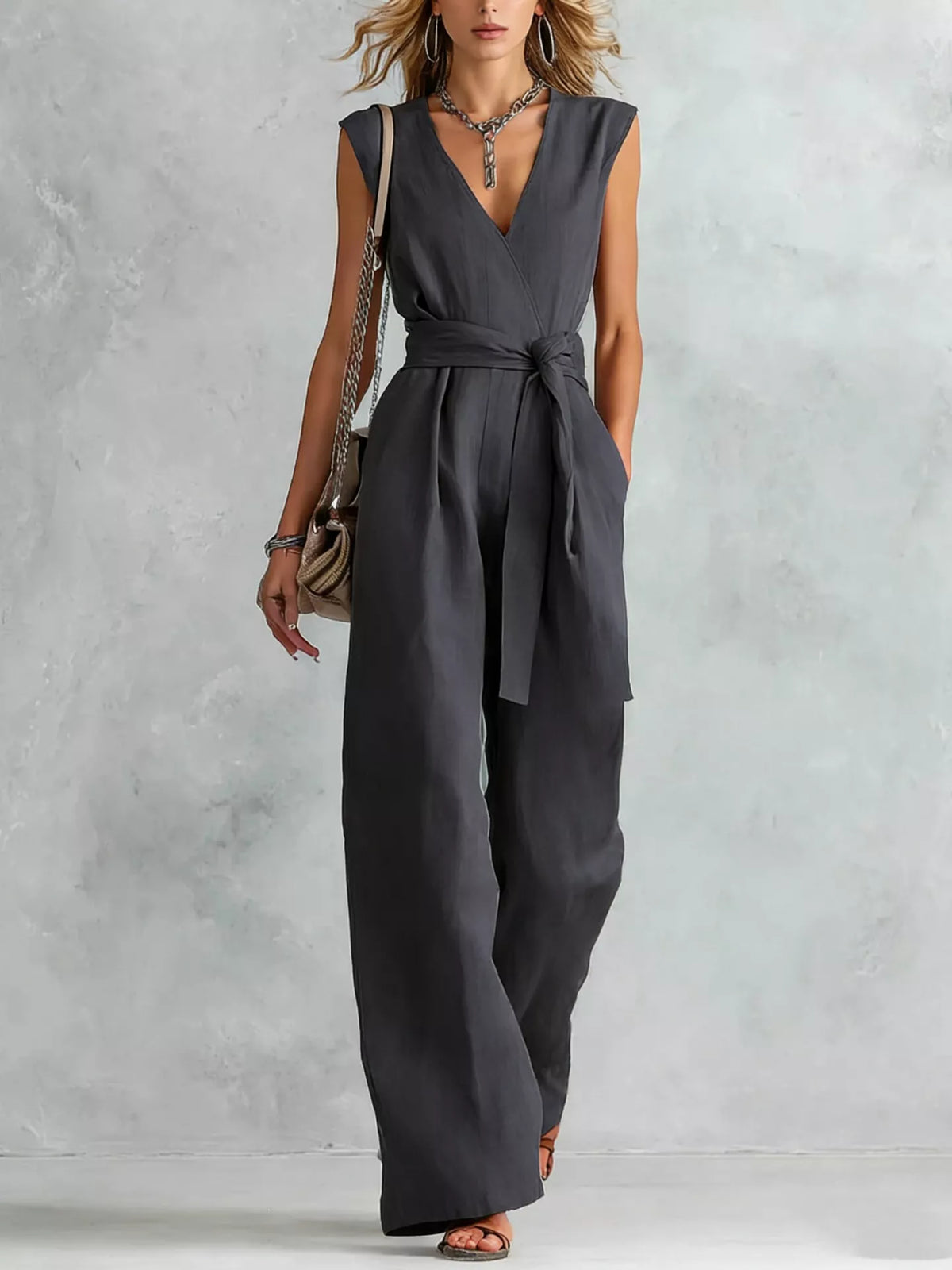 Sleeveless wide leg jumpsuit in a neutral color, front view