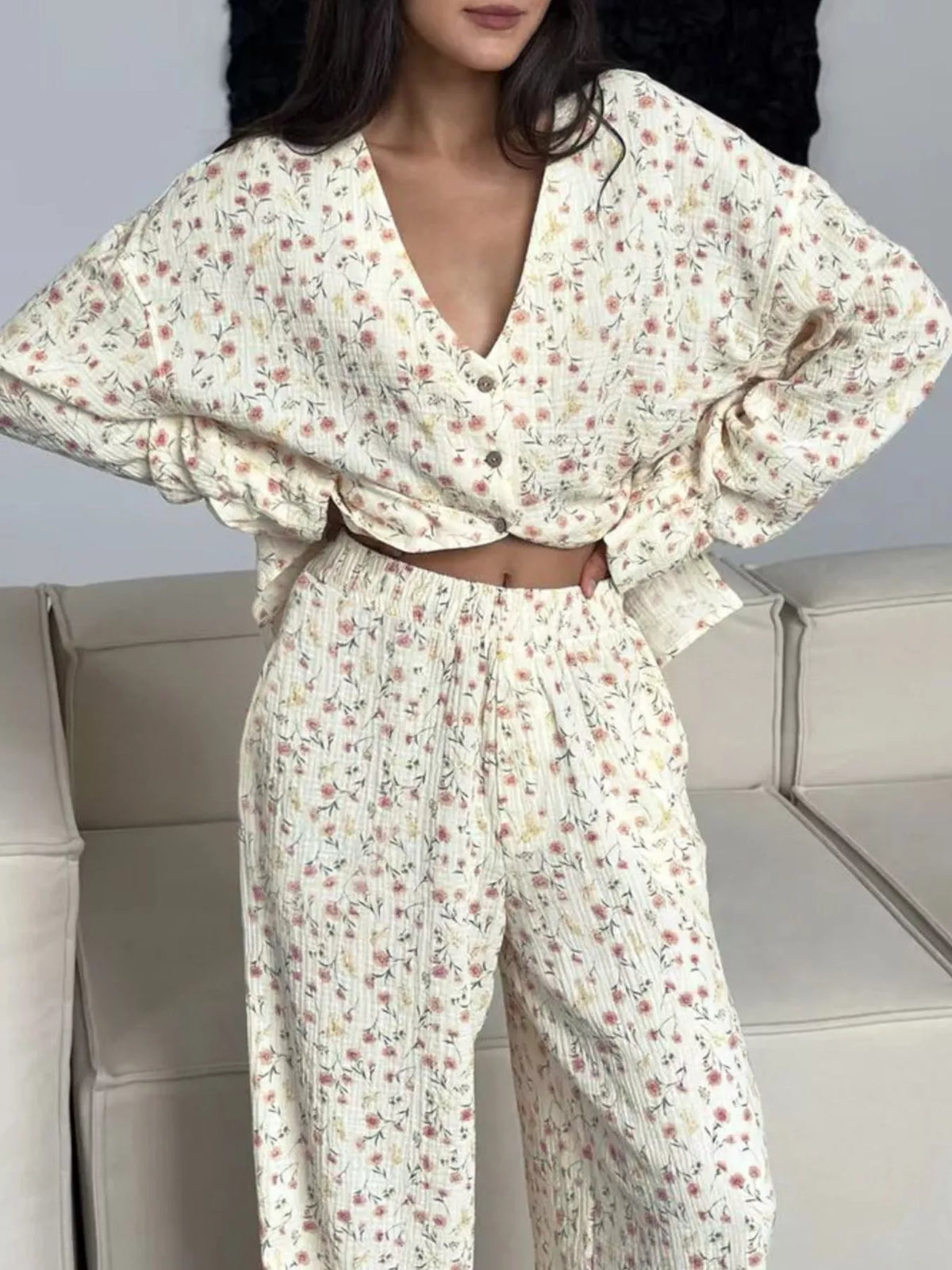 Floral button front top ruffle detail