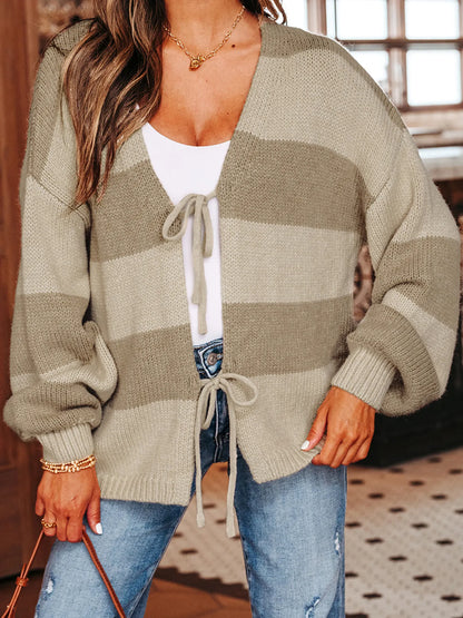 Striped Color Block Tie Front Sweater Cardigan - Fashorio