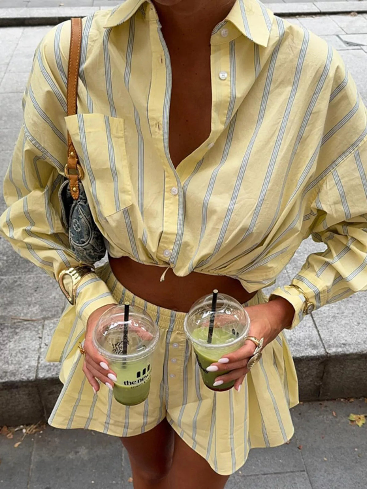 Striped button up shirt and shorts set front view
