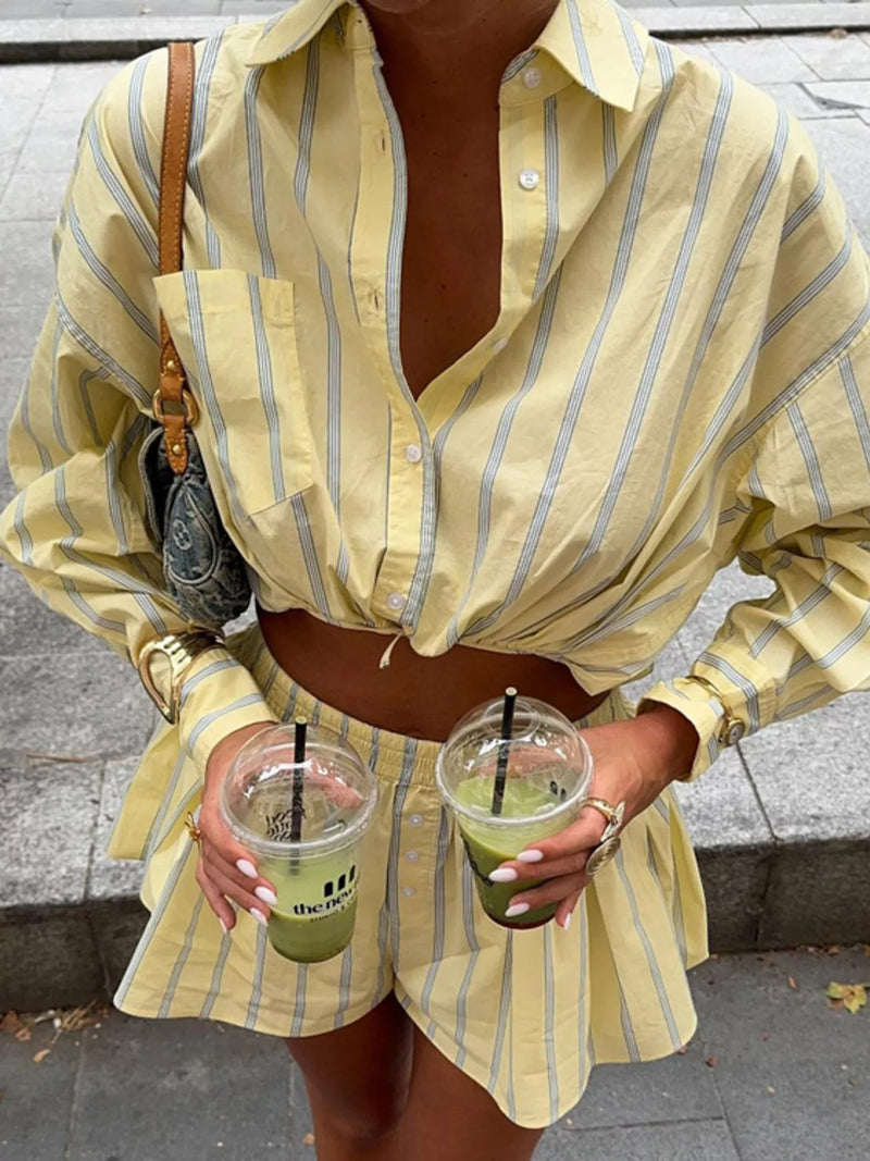 Striped button up shirt and shorts set front view