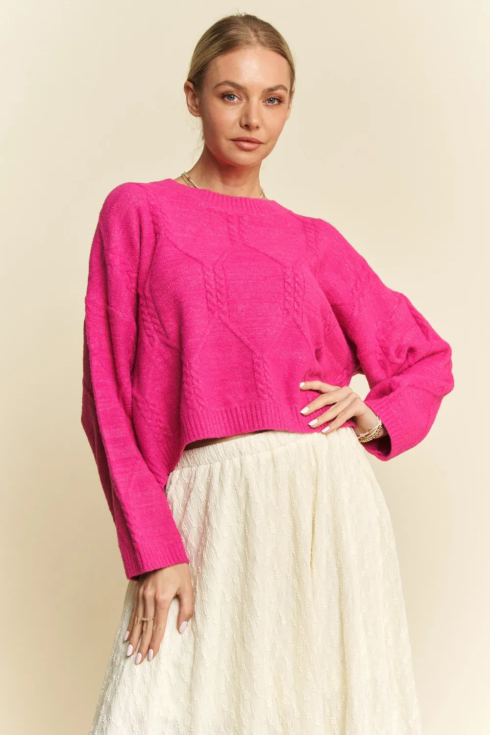 Diamond Cable Knit Drop Shoulder Sweater in Pink