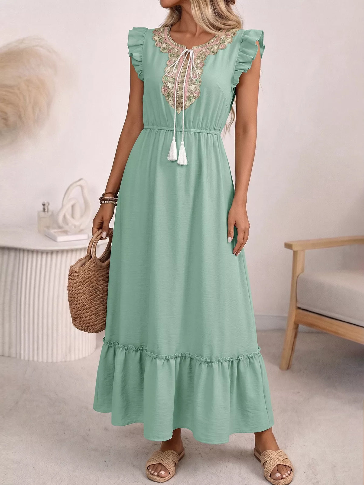 Green embroidered tie neck ruffle sleeve boho maxi dress front view