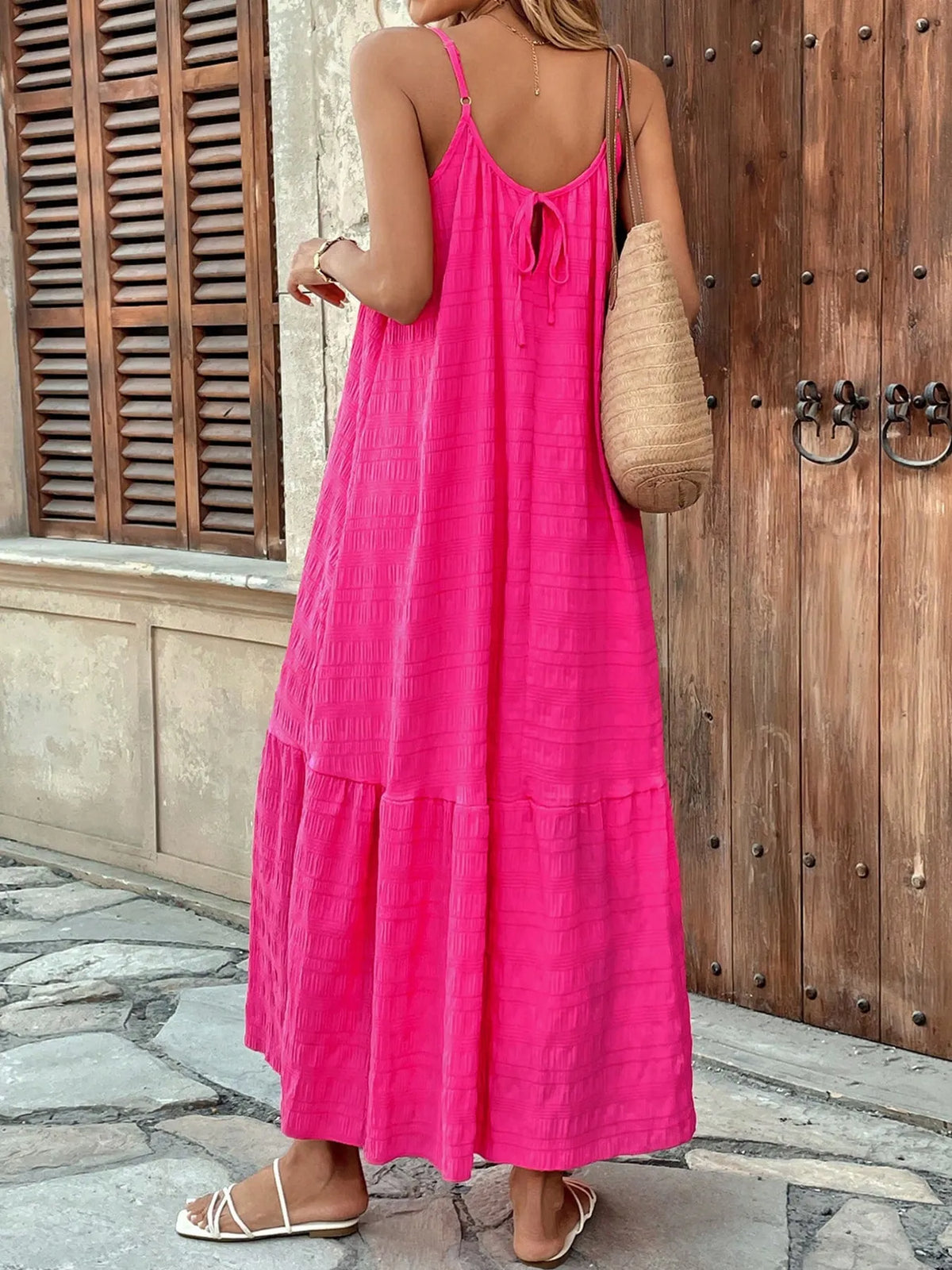 Hot pink tiered cami maxi dress back view