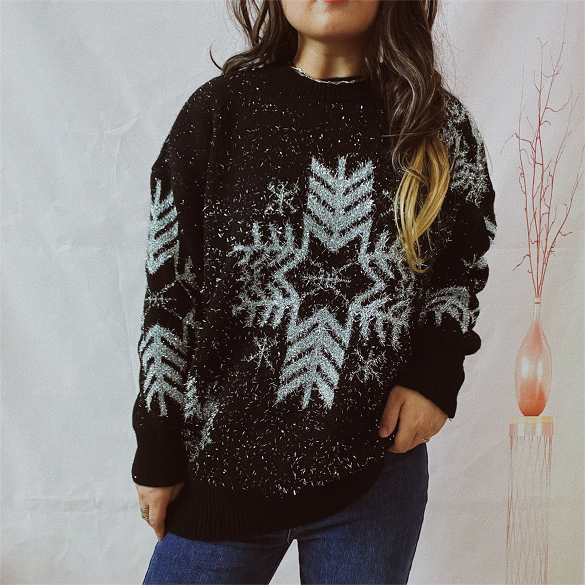 Snowflake Pattern Long Sleeve Sweater Black - Fashorio