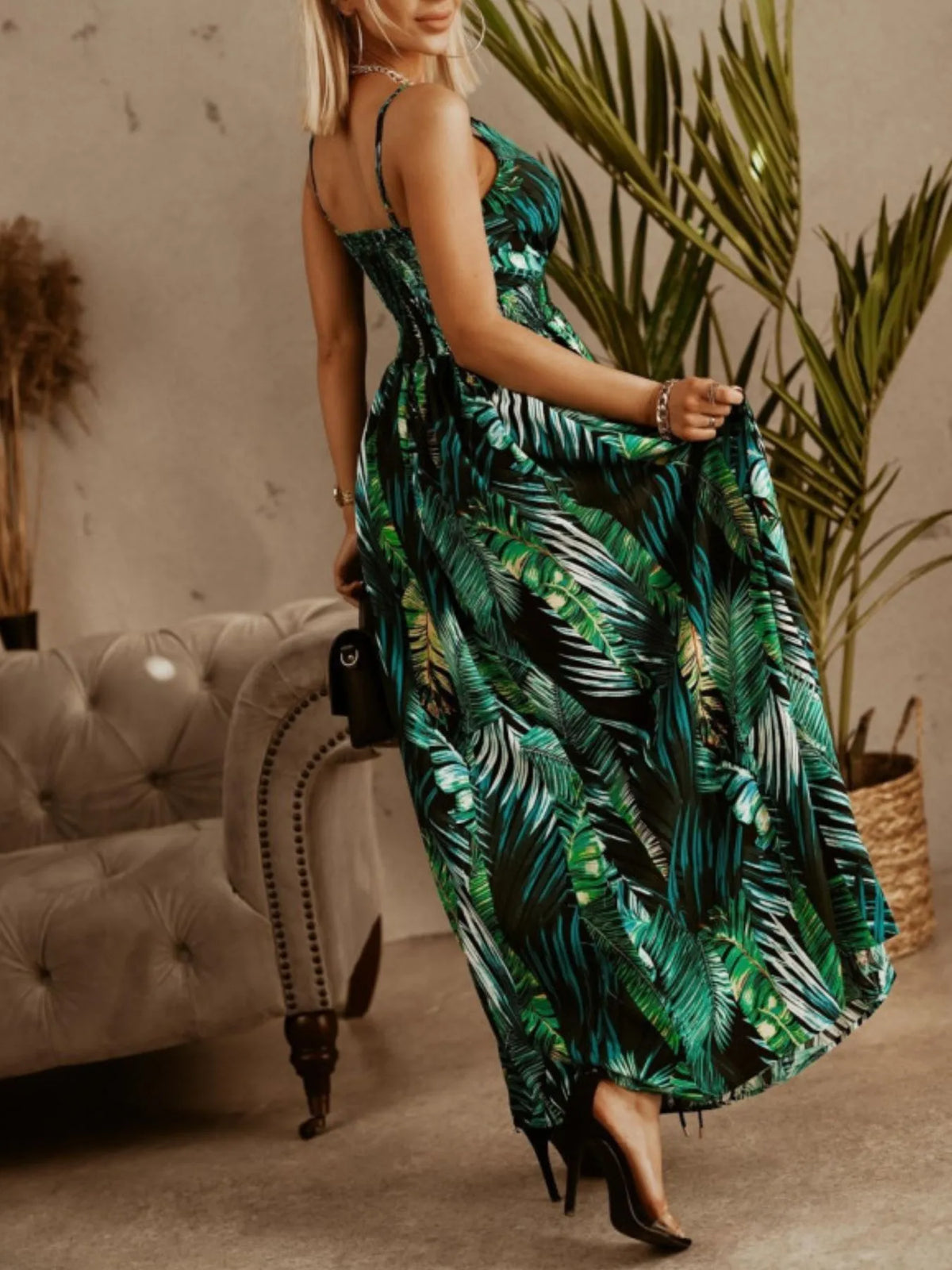 Printed spaghetti strap maxi dress detail view