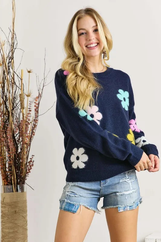 ADORA Full Size Flower Popped Sweater Plus Size - Fashorio
