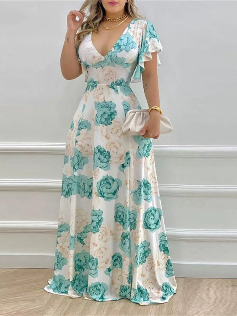 Floral V neck ruffle sleeve maxi dress front view