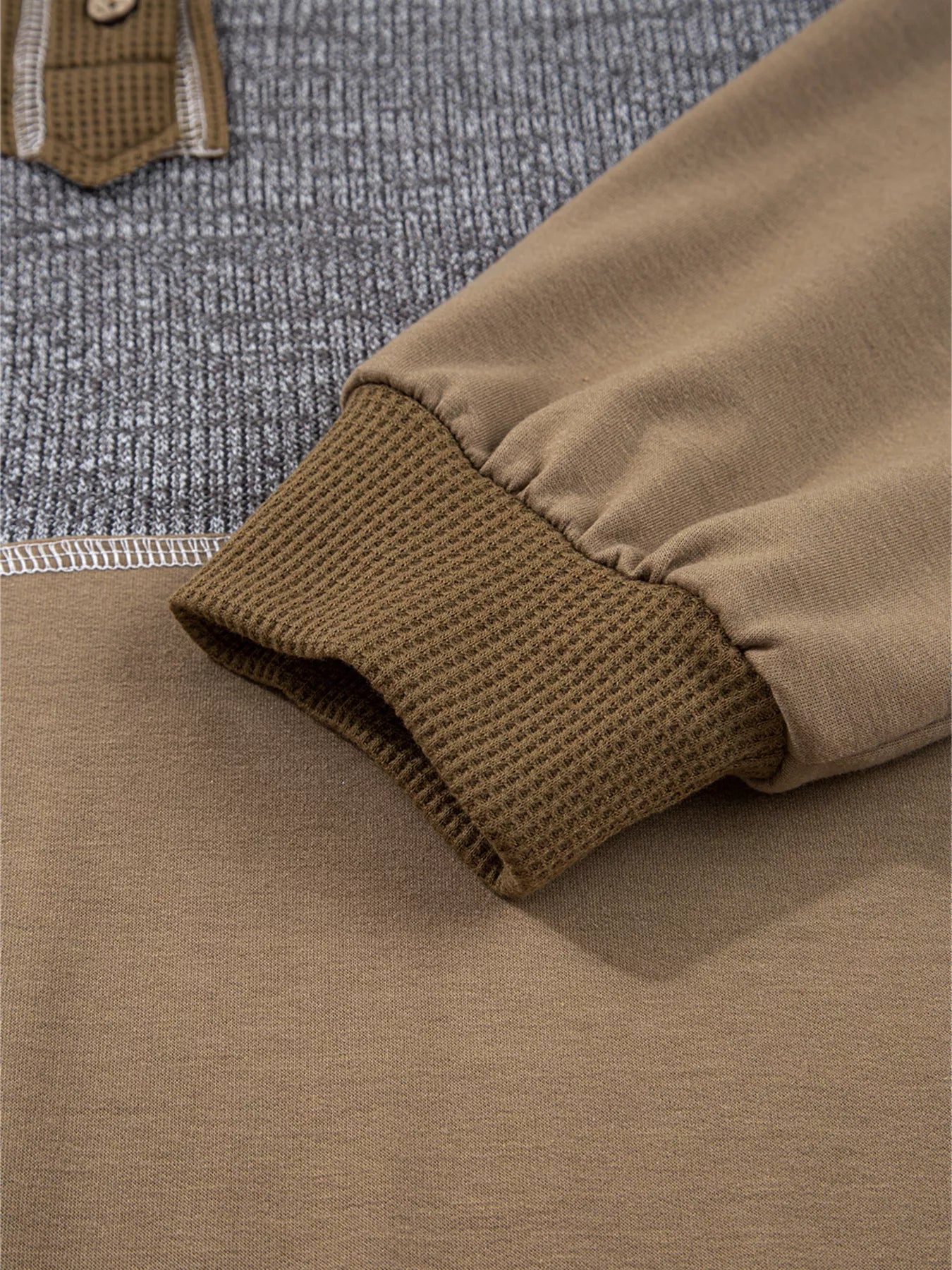 Mixed Texture Patchwork Exposed Seam Half Button Hoodie - Fashorio