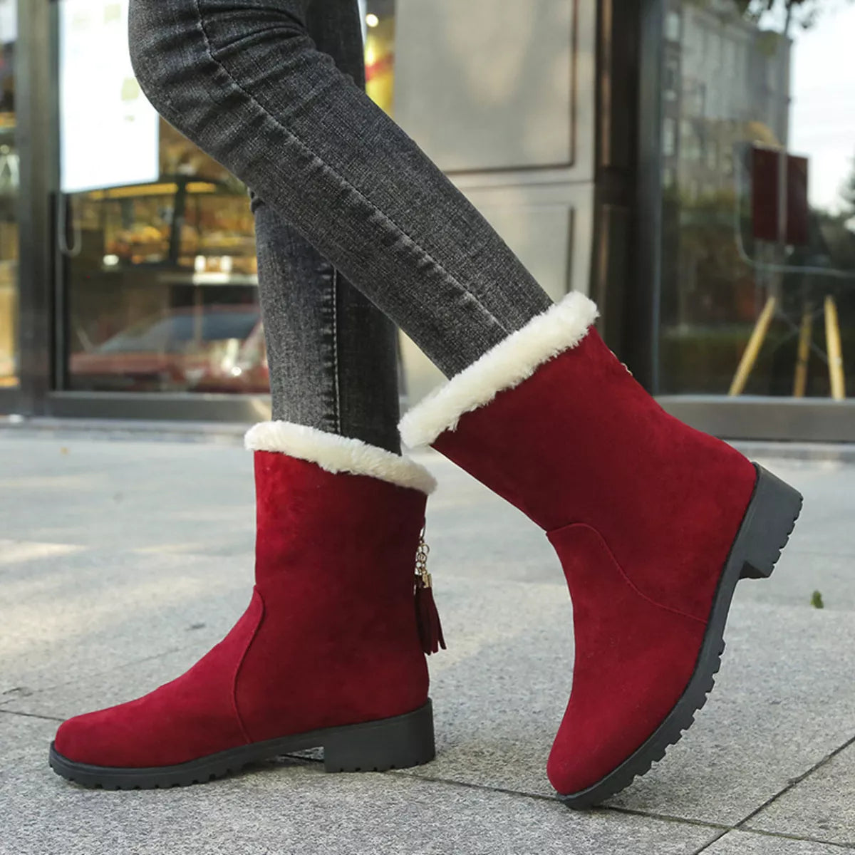 Round toe plush lined suede boots close up detail