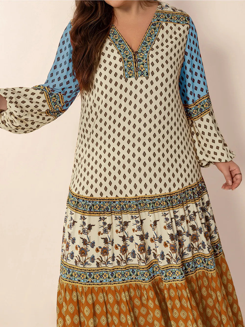 Printed V Neck Balloon Sleeve Maxi Dress view 6