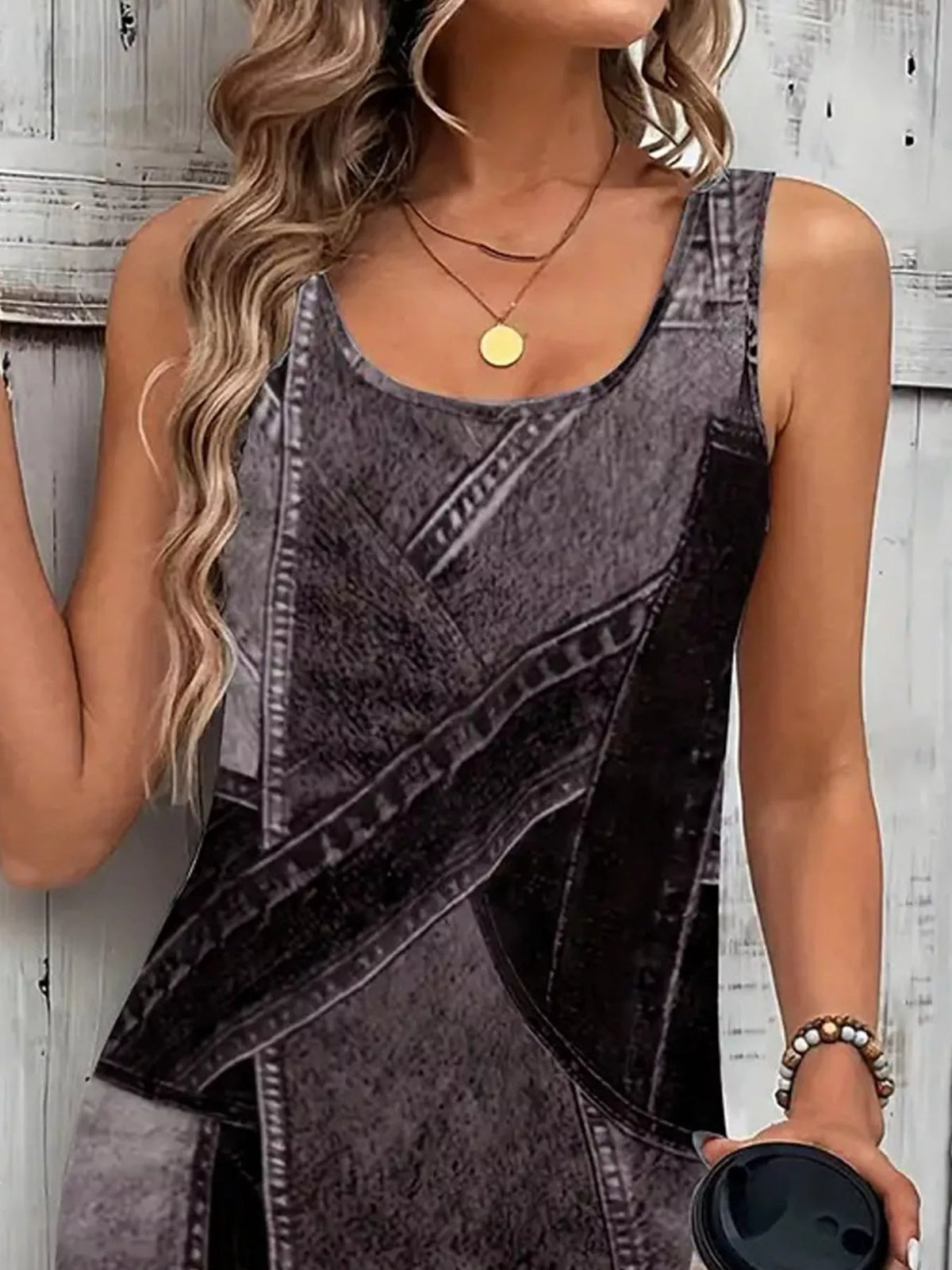 Denim print dress shown in a dusty blue colourway
