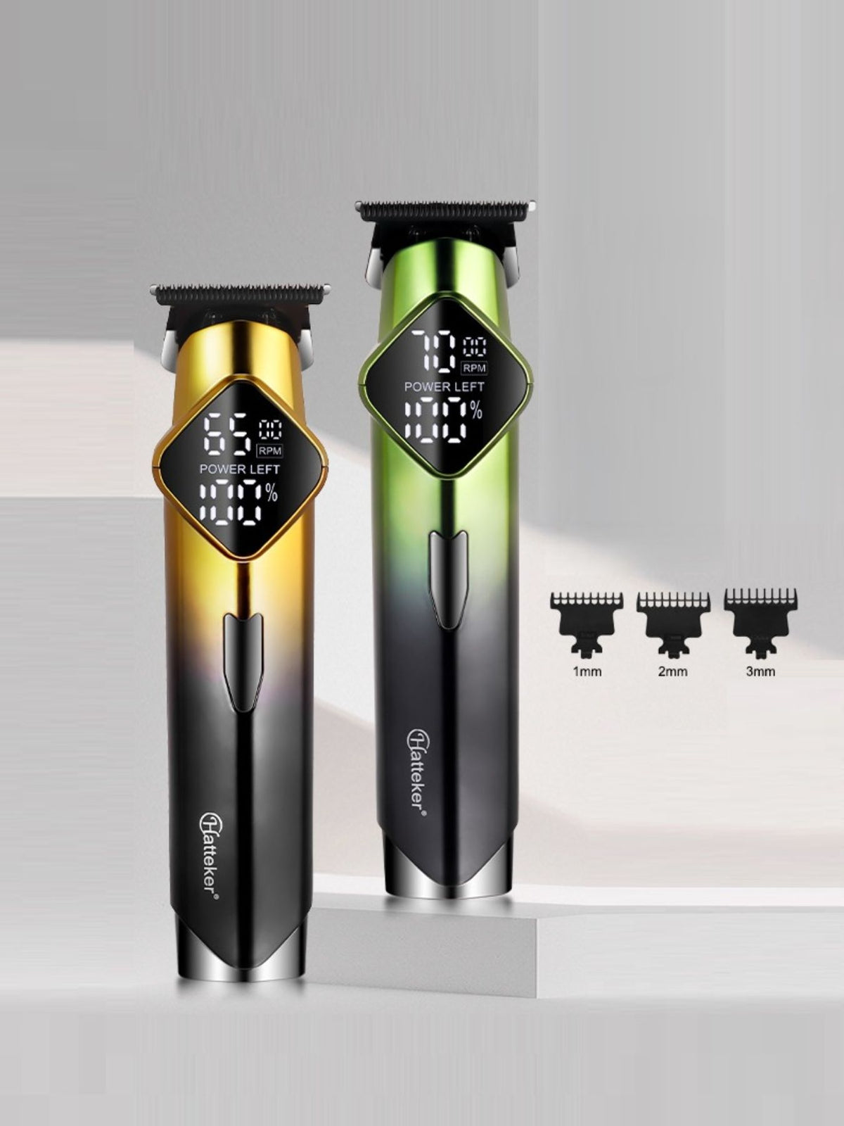 Gold cordless hair clipper held in hand