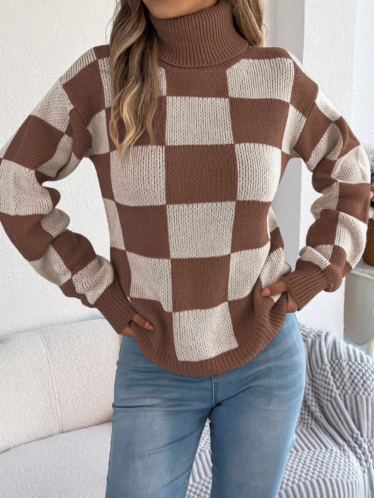 Checkered Turtleneck Long Sleeve Sweater view 13