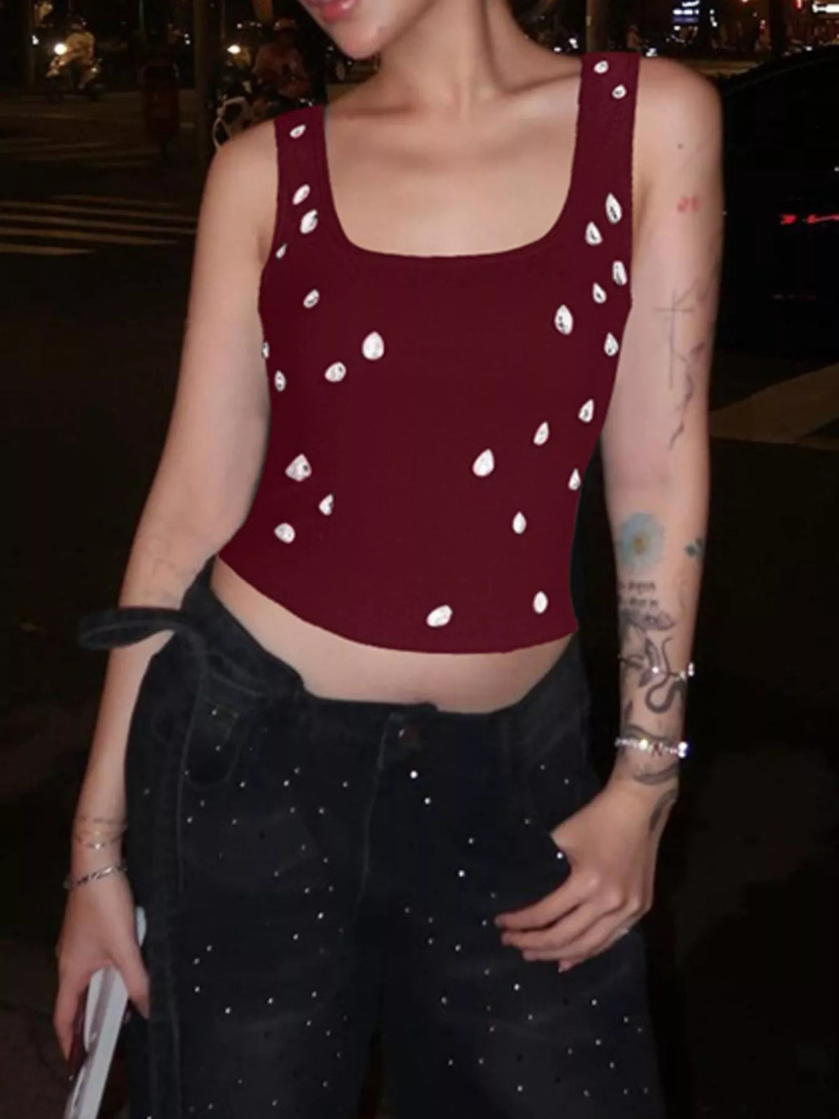 Three quarter view of the embellished square neck tank
