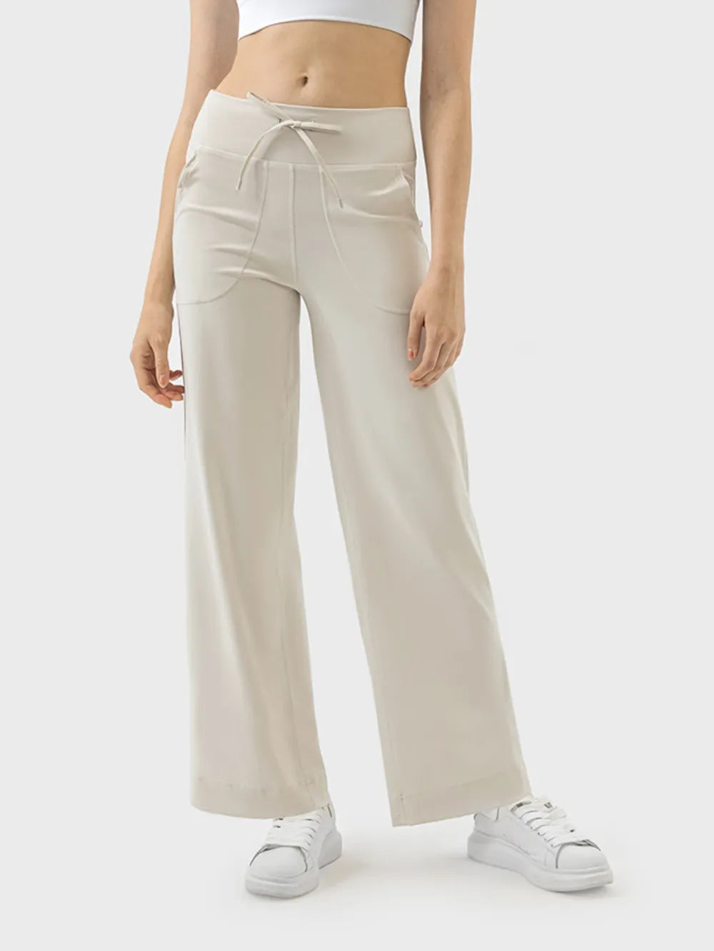 Millennia Drawstring Active Pants with Pockets Cream - Fashorio