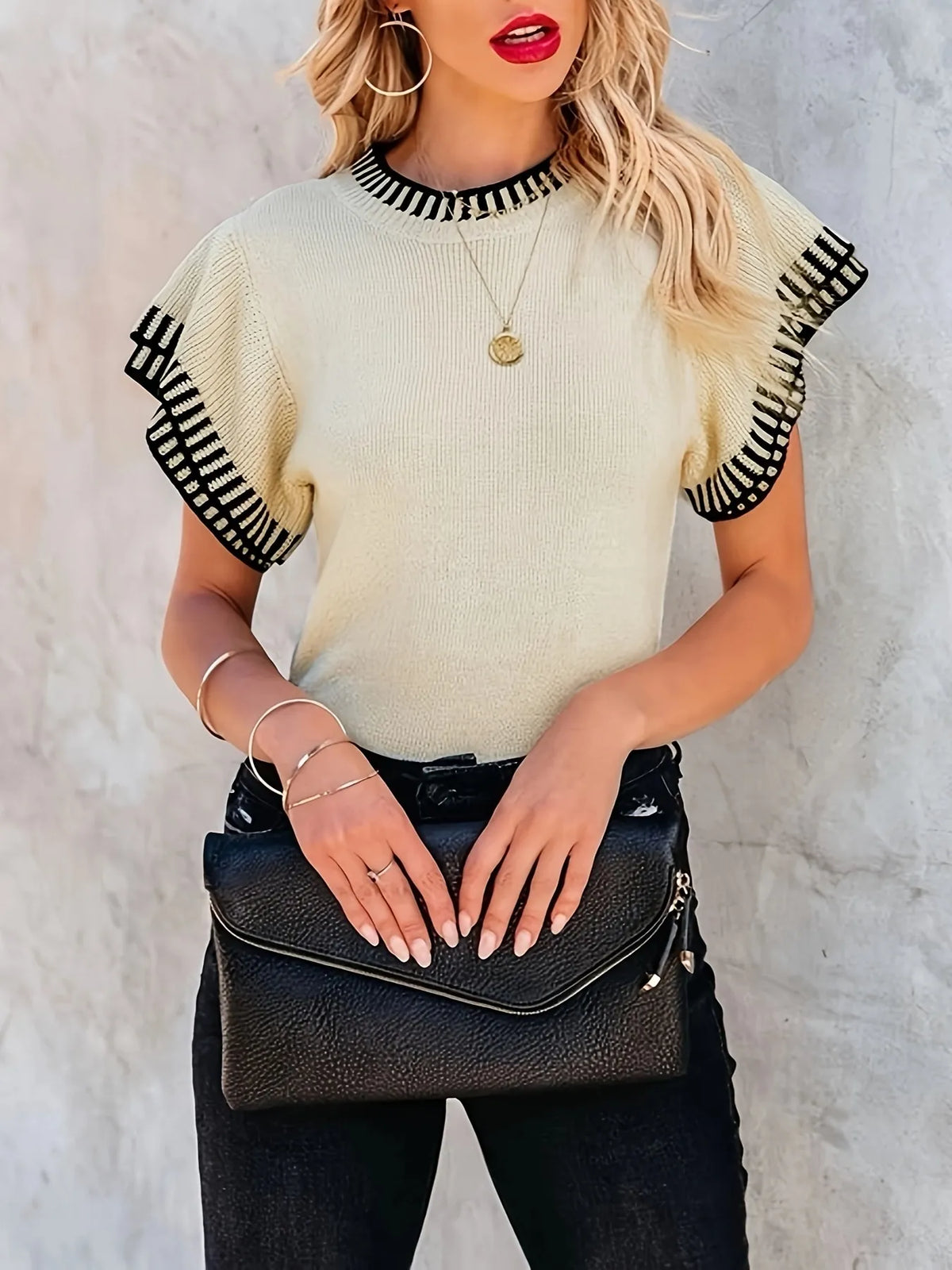 Apricot Contrast trim cap sleeve ribbed sweater, full length styled view