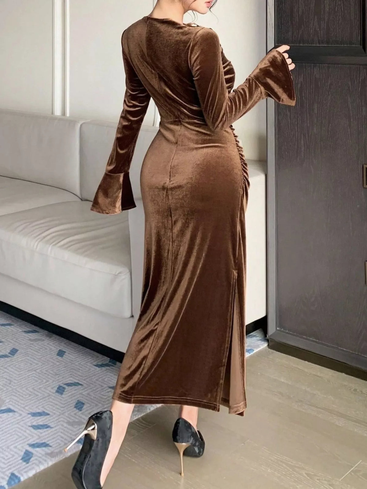 Velvet ruched midi dress full length