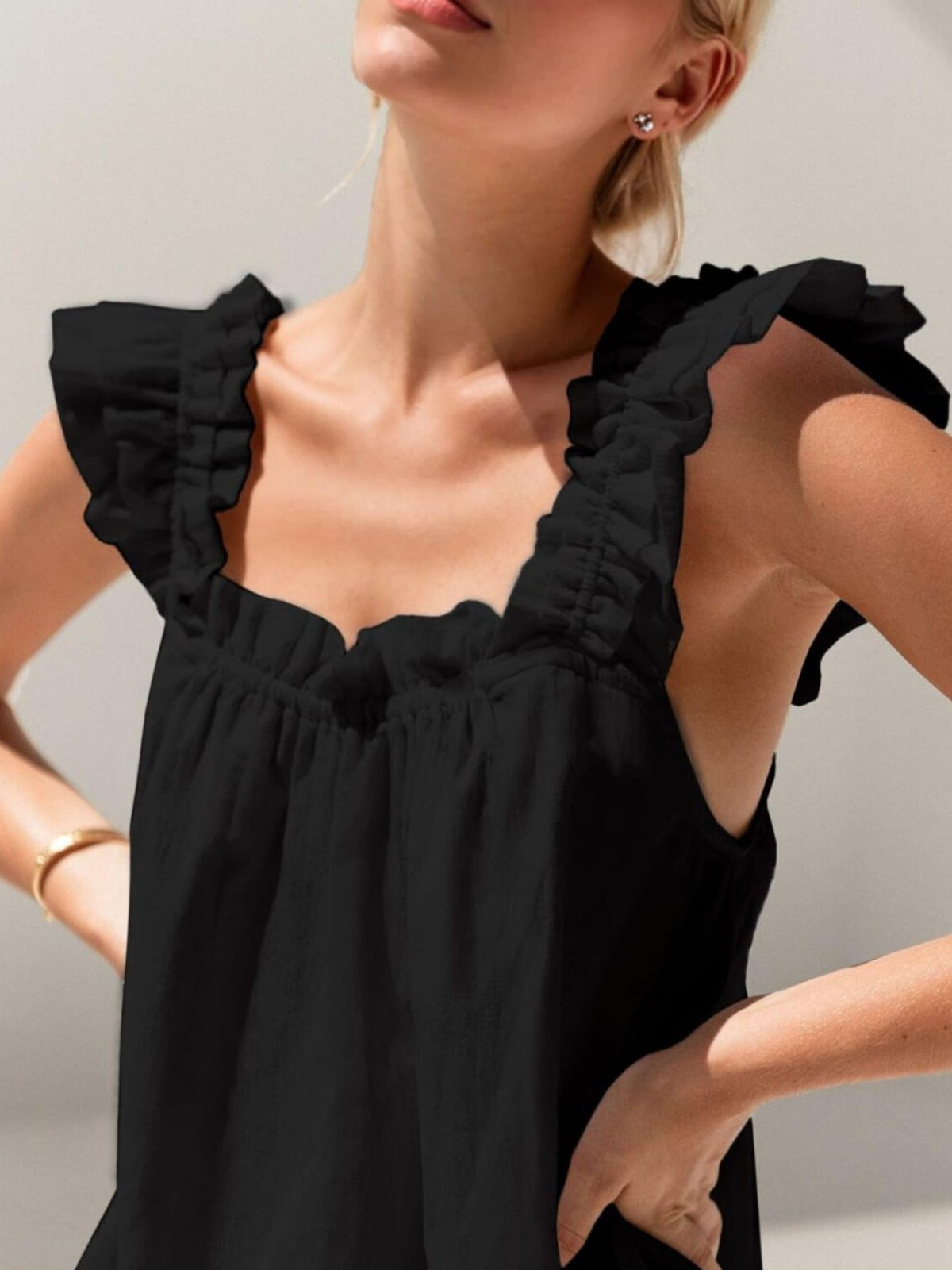 Ruffle trim top and shorts set full look