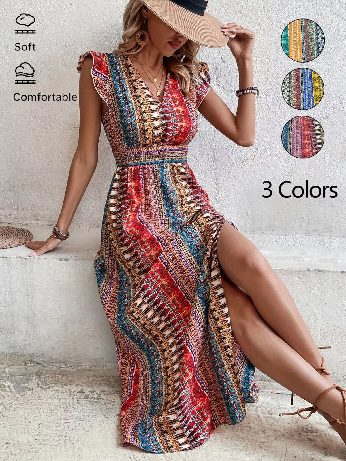 Boho print ruffle sleeve slit dress front view