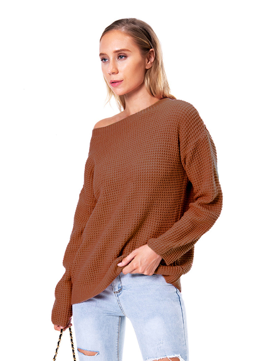 Boat Neck Drop Shoulder Long Sleeve Sweater - Fashorio