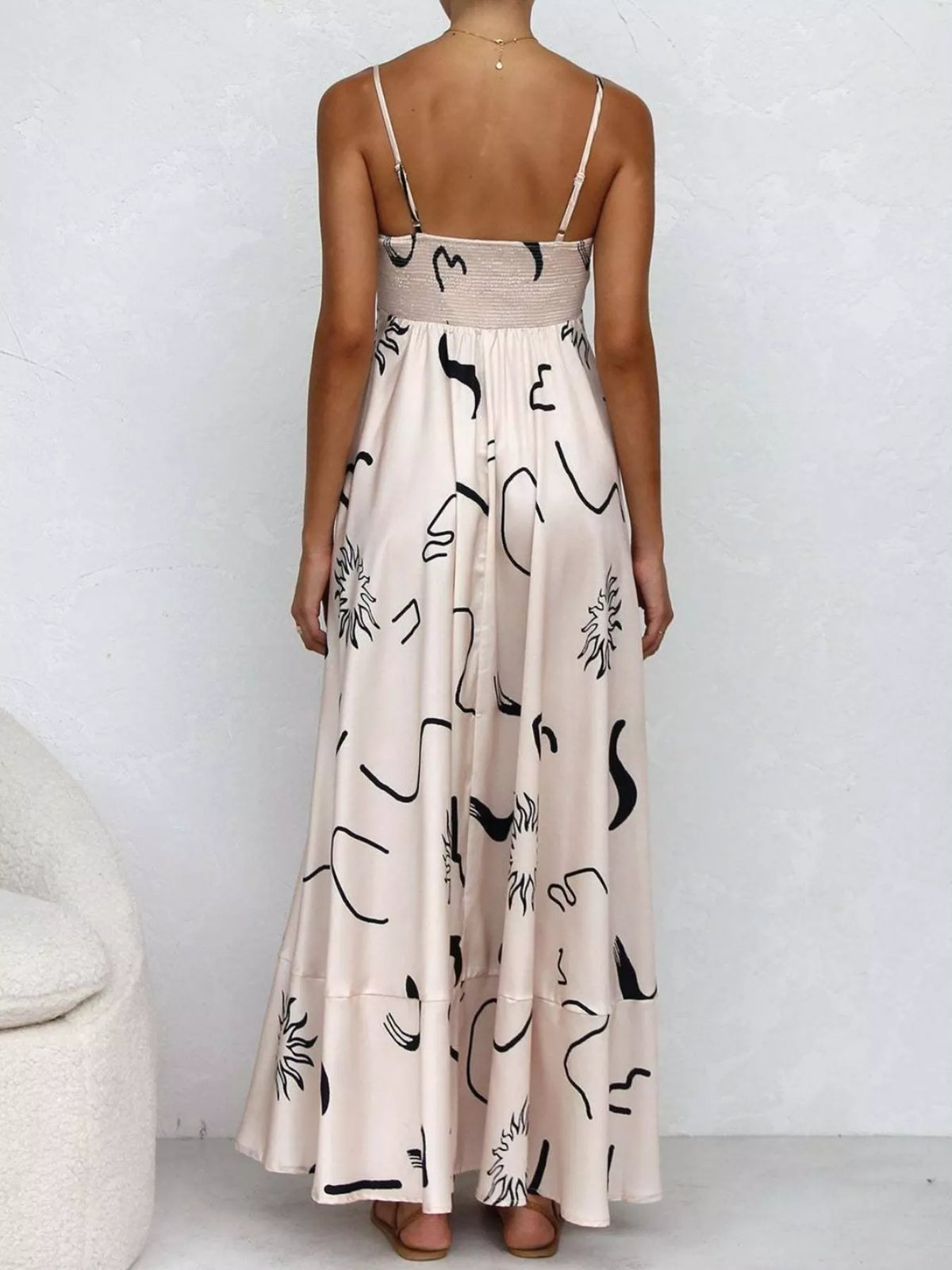 printed spaghetti strap maxi dress detail view