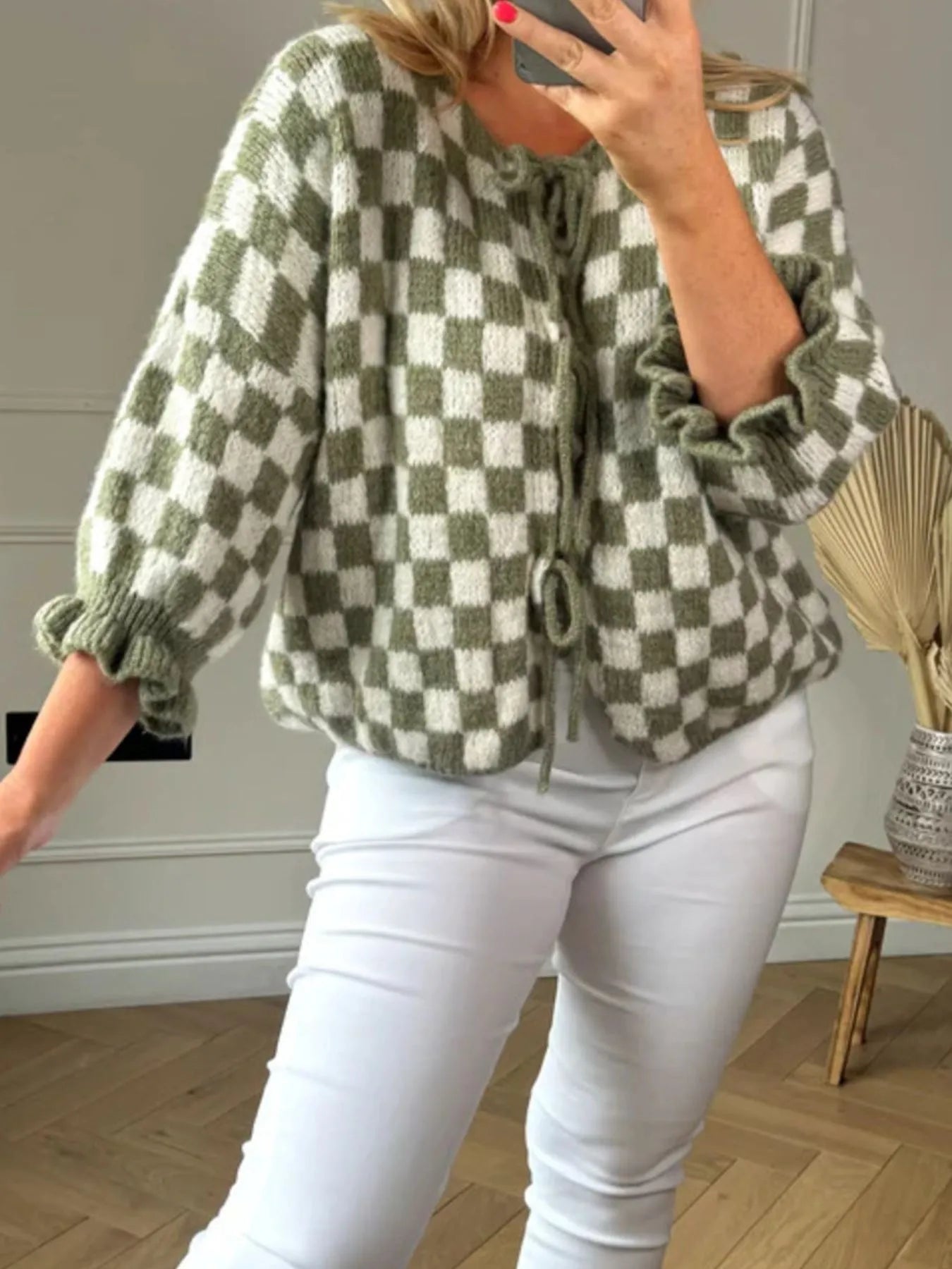 Checkered Tie-Front Knit Cardigan - Fashorio