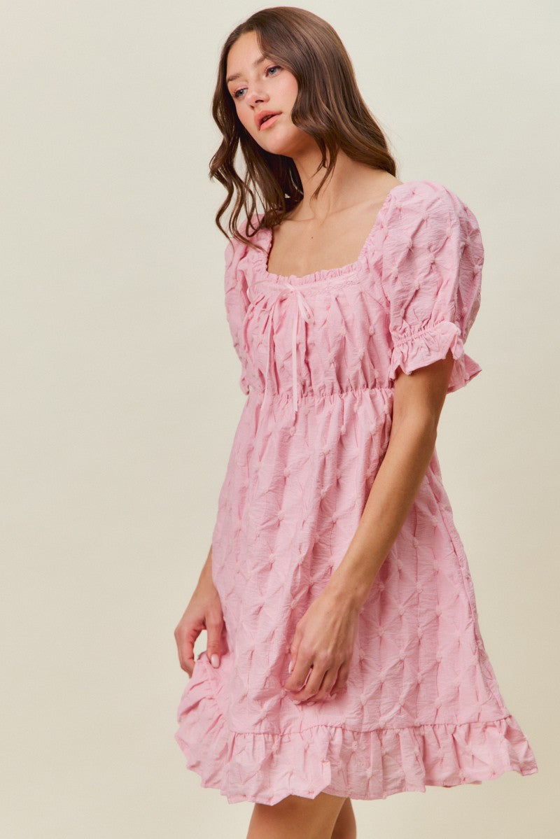 Textured Ruched Bust Mini Dress in Pink back view