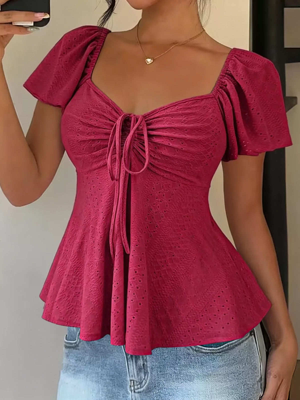 Detail of the eyelet fabric work