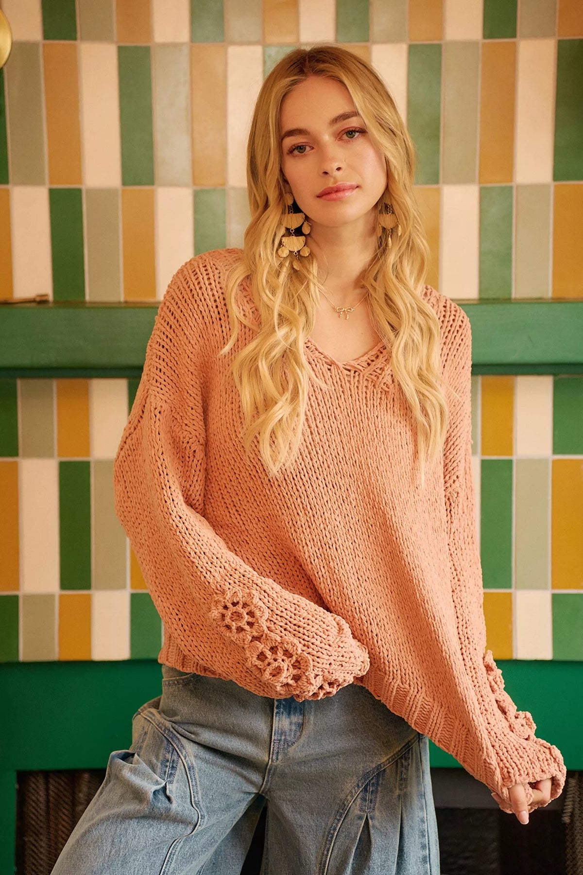 Chunky Knit Sweater with Floral Sleeves in Dusty Peach view 18