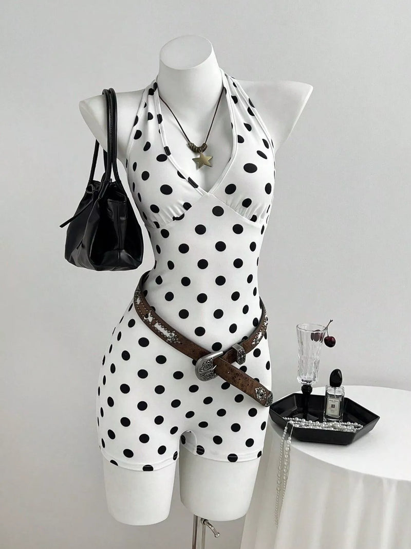 White polka dot halter neck romper front view