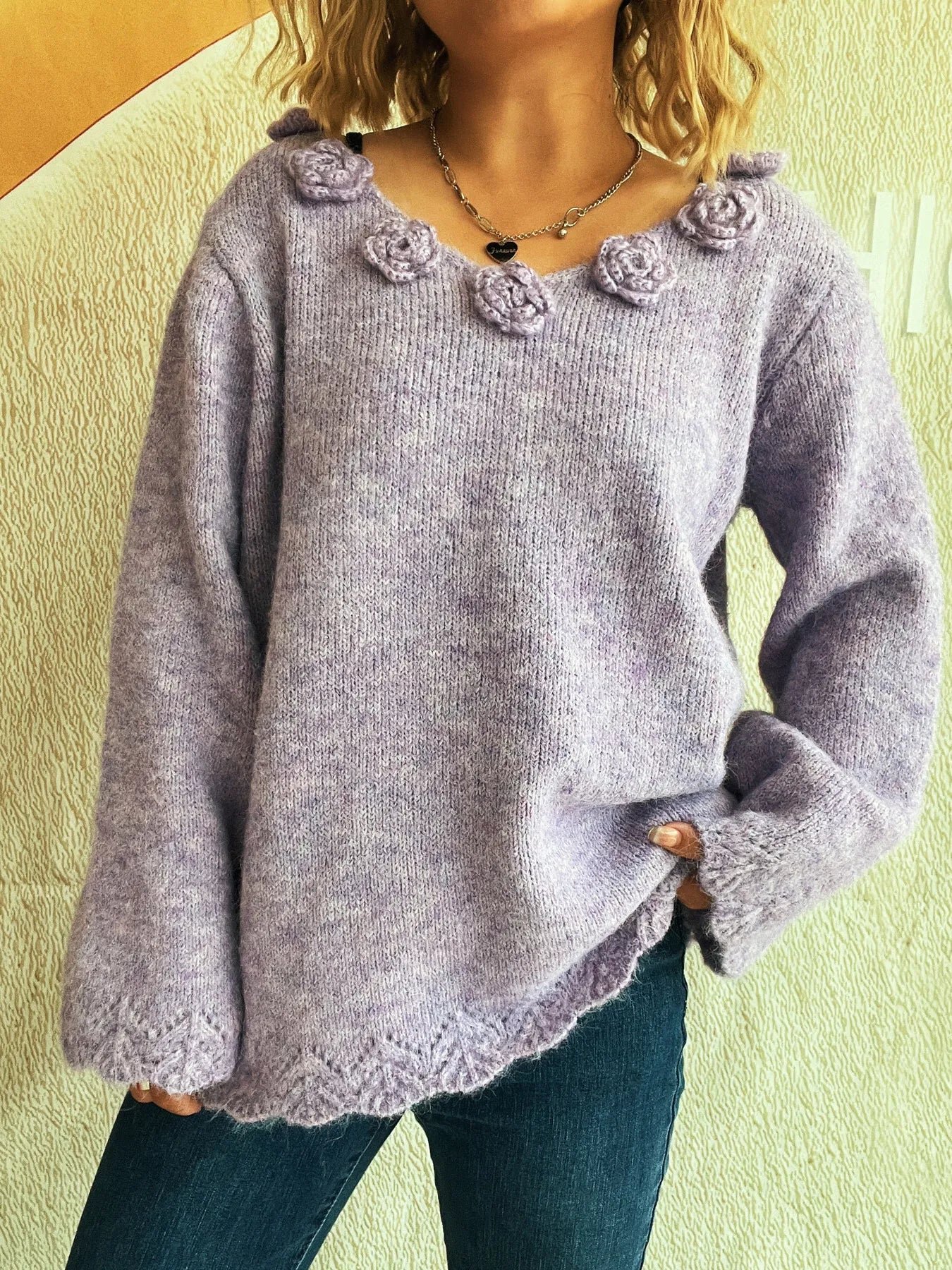 Flower V-Neck Long Sleeve Sweater Purple One Size - Fashorio