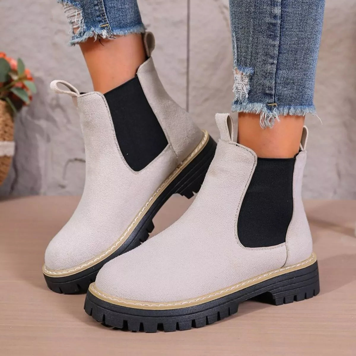 black round toe platform boots styled on model