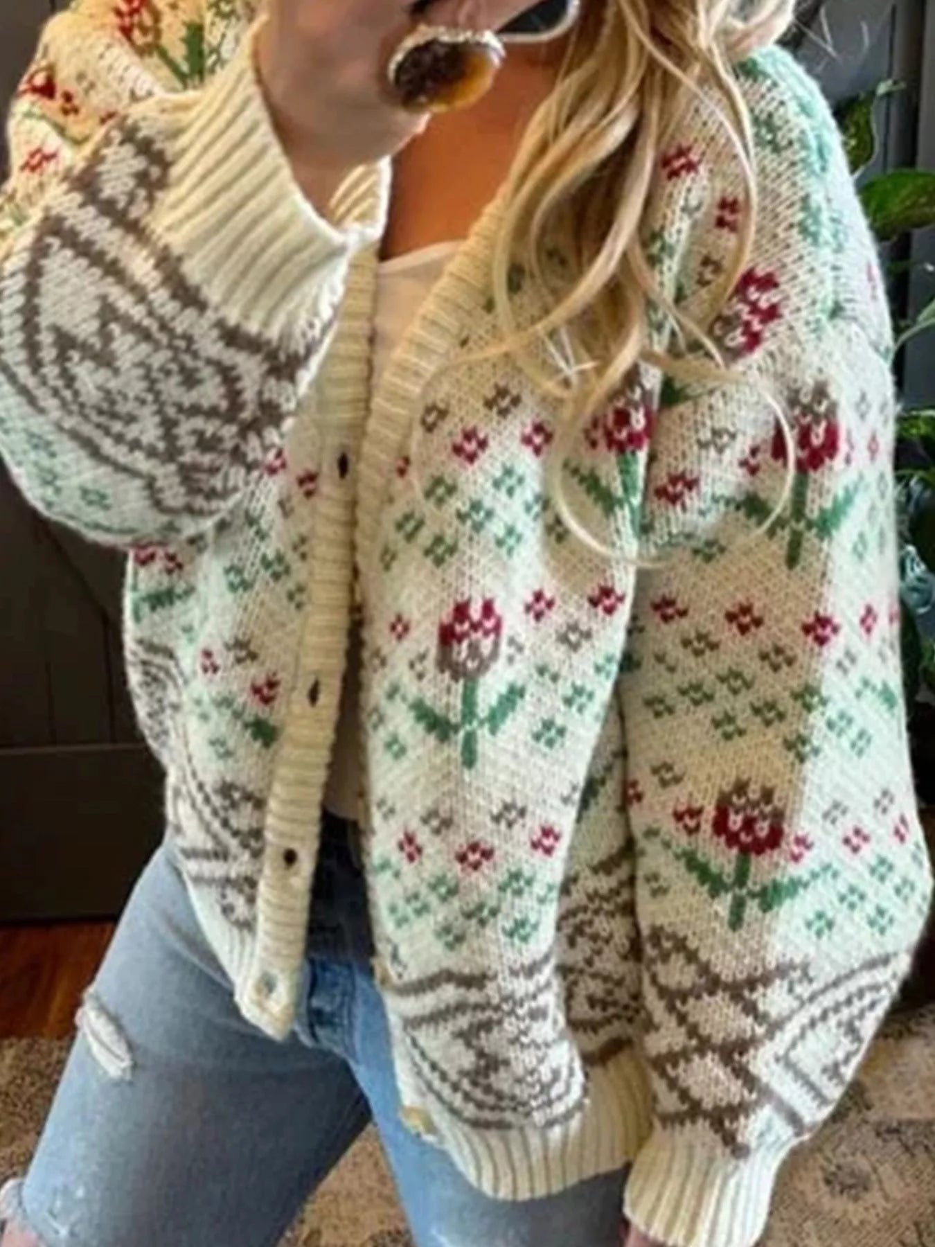 Floral Pattern Button-Up Cardigan - Fashorio