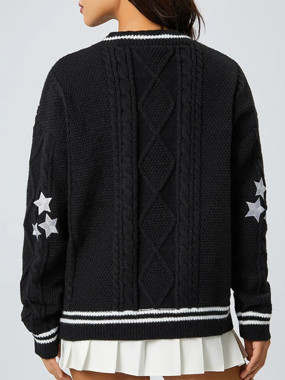 Star Embroidered V-Neck Long Sleeve Cardigan - Fashorio