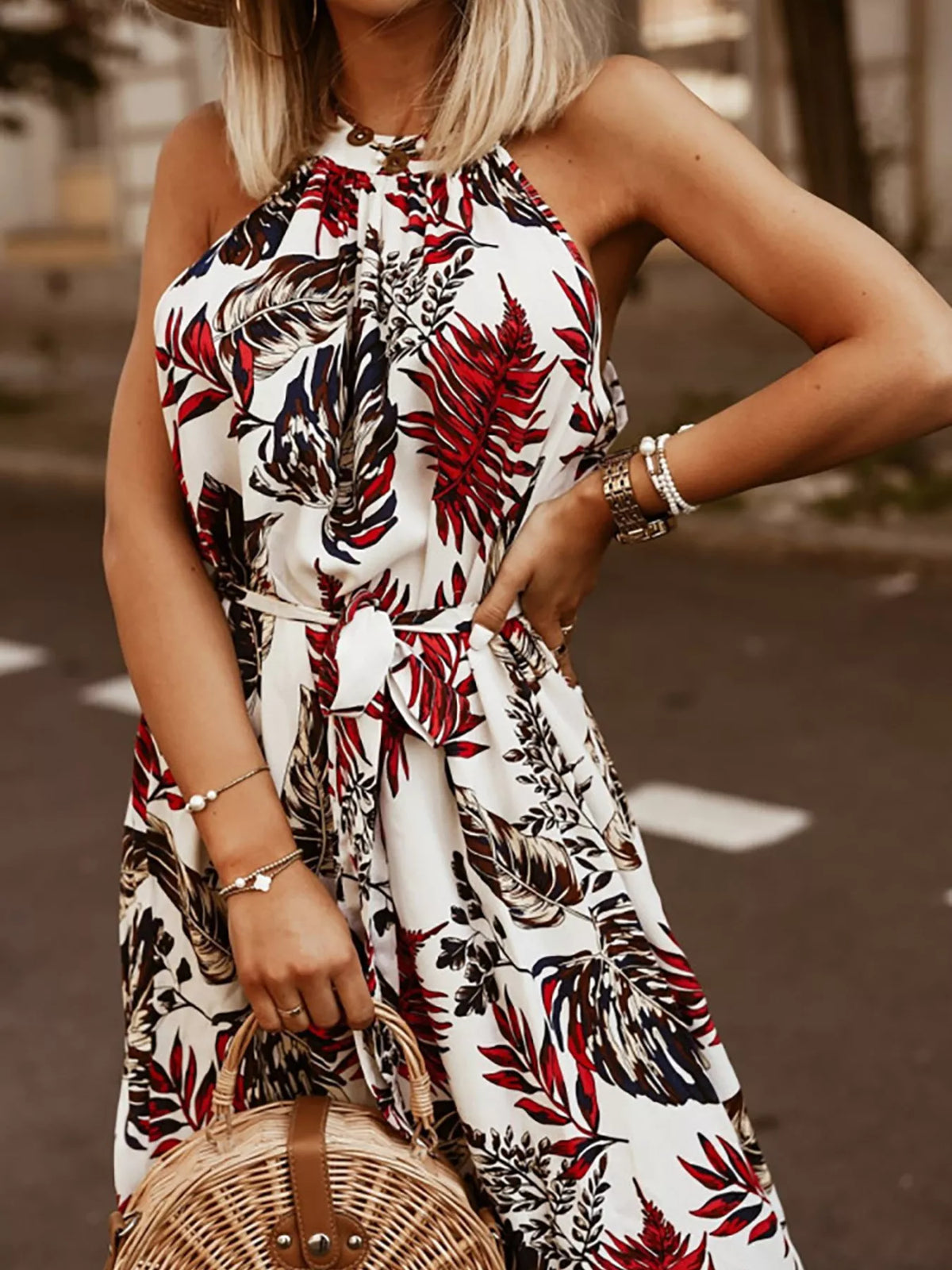 Printed sleeveless belted maxi dress three quarter view