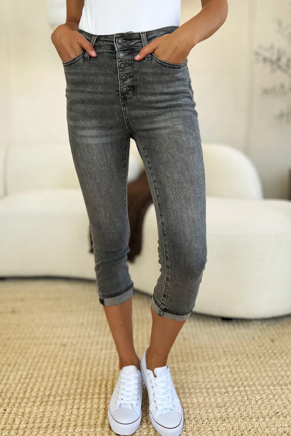 Judy Blue Full Size Button Fly High Waist Cuffed Capris - Fashorio